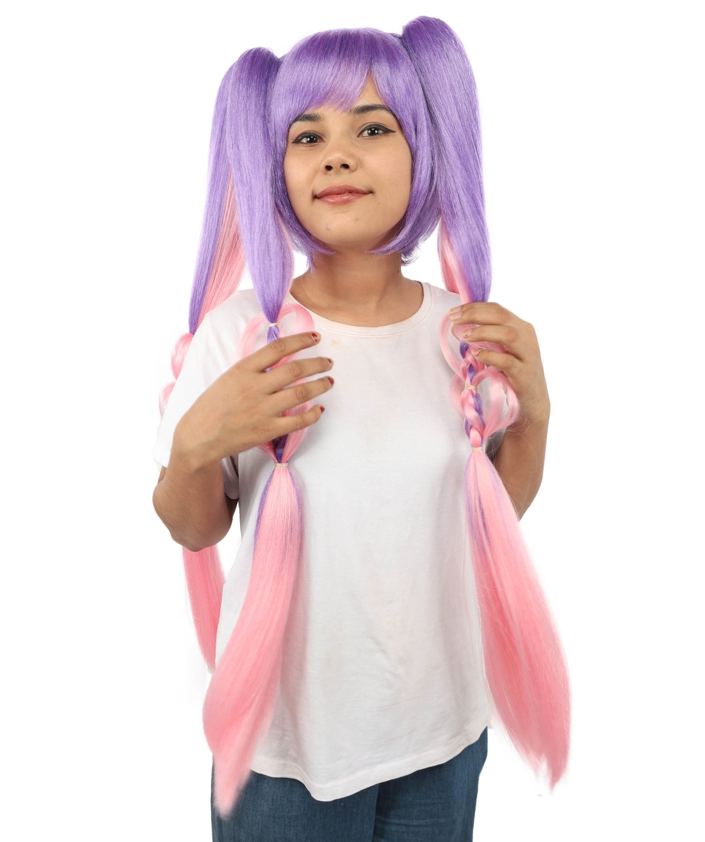 HPO Women's Heart Pigtail Character Wig | Dual-tone purple and pink, create of synthetic fiber, long structured pigtails with heart-shaped loops, breathable base | Party, Halloween, theater, drag, performance, costume events