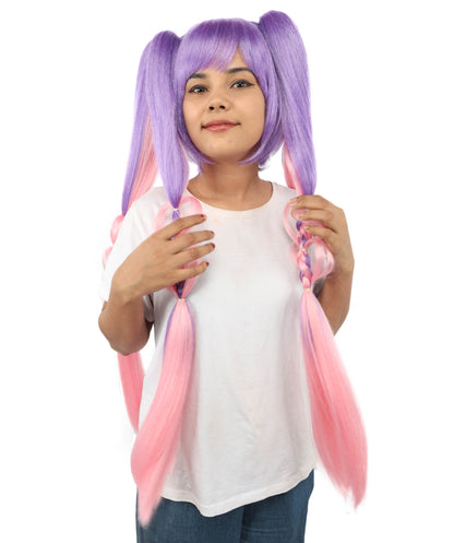 HPO Women's Heart Pigtail Character Wig | Dual-tone purple and pink, create of synthetic fiber, long structured pigtails with heart-shaped loops, breathable base | Party, Halloween, theater, drag, performance, costume events