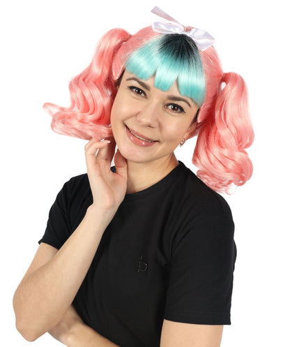 HPO Women's American Singer Pink & Mint Green Double Ponytail Wig | Halloween and Cosplay Wig | Flame-retardant Synthetic Fiber