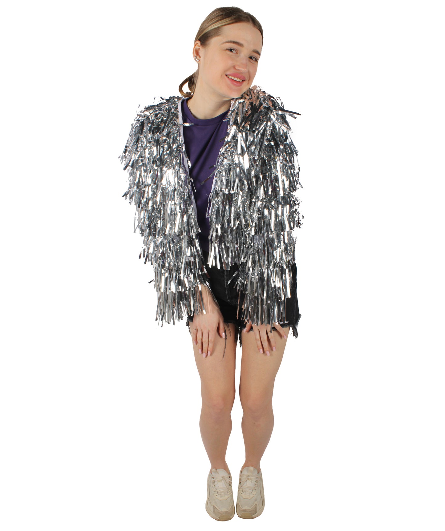 HPO  Women's Tinsel Sparkly Silver Jacket, Perfect for Halloween