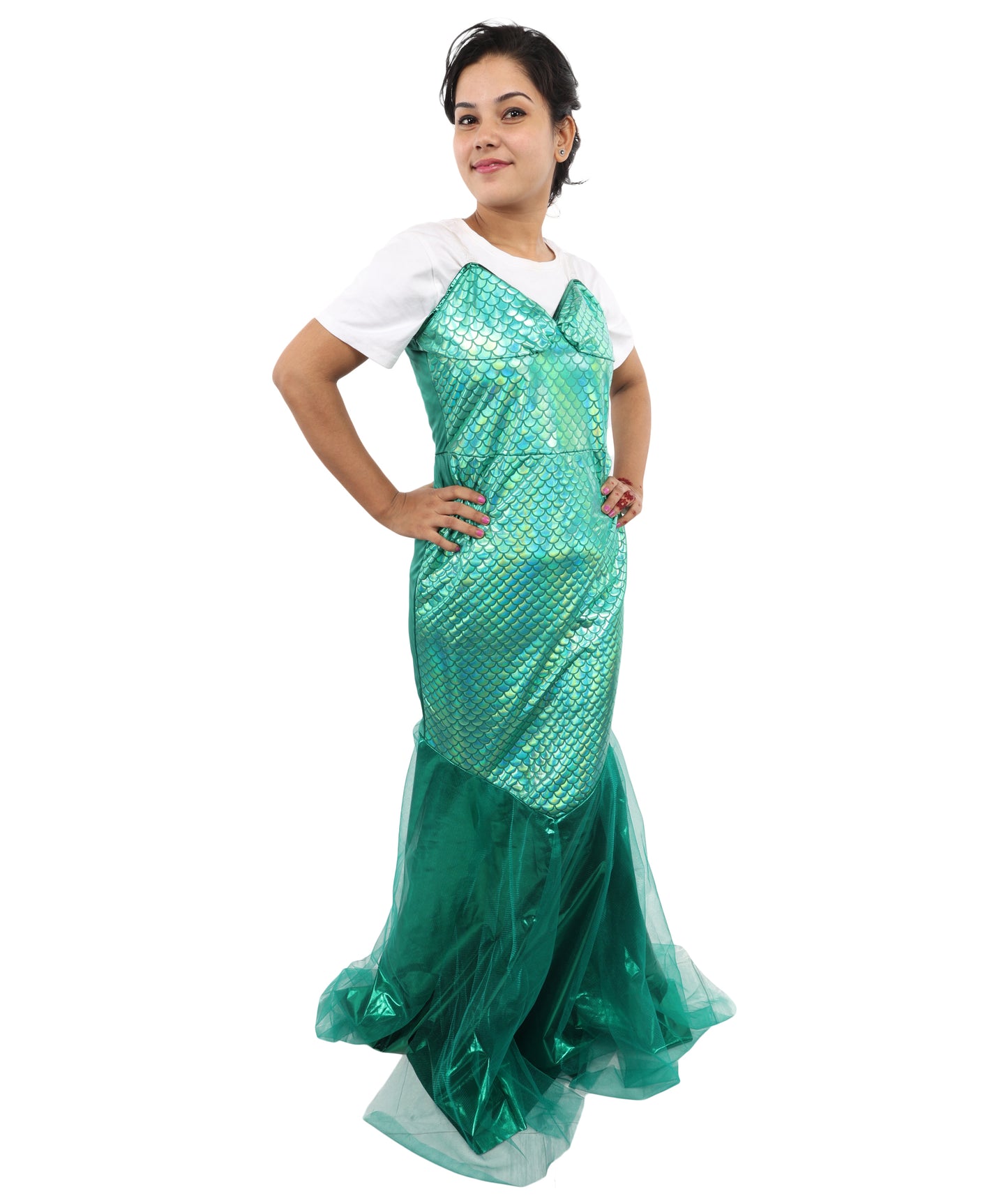 HPO Women's Green Fishtail Sequin Gown Costume | Elegant Shimmer Dress | Ideal for Halloween, Parties, Cosplay & Evening Themes