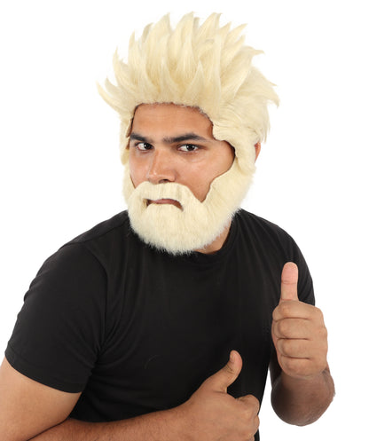 HPO Men’s Animated Genius Spiky Wig Beard & Mustache Set  – Wild Mad Scientist Pointed Beard & Curled Mustache Combo | Ideal for Animated Cosplay, Halloween Parties & Events