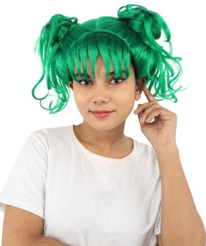 HPO Adult Women’s Messy Twin Bun Wig with Graphic Bangs | Multiple Color Options | Edgy Wig for Cosplay, Fashion Events, Halloween & Stage Wear | Adjustable Cap, Lightweight Synthetic Fiber