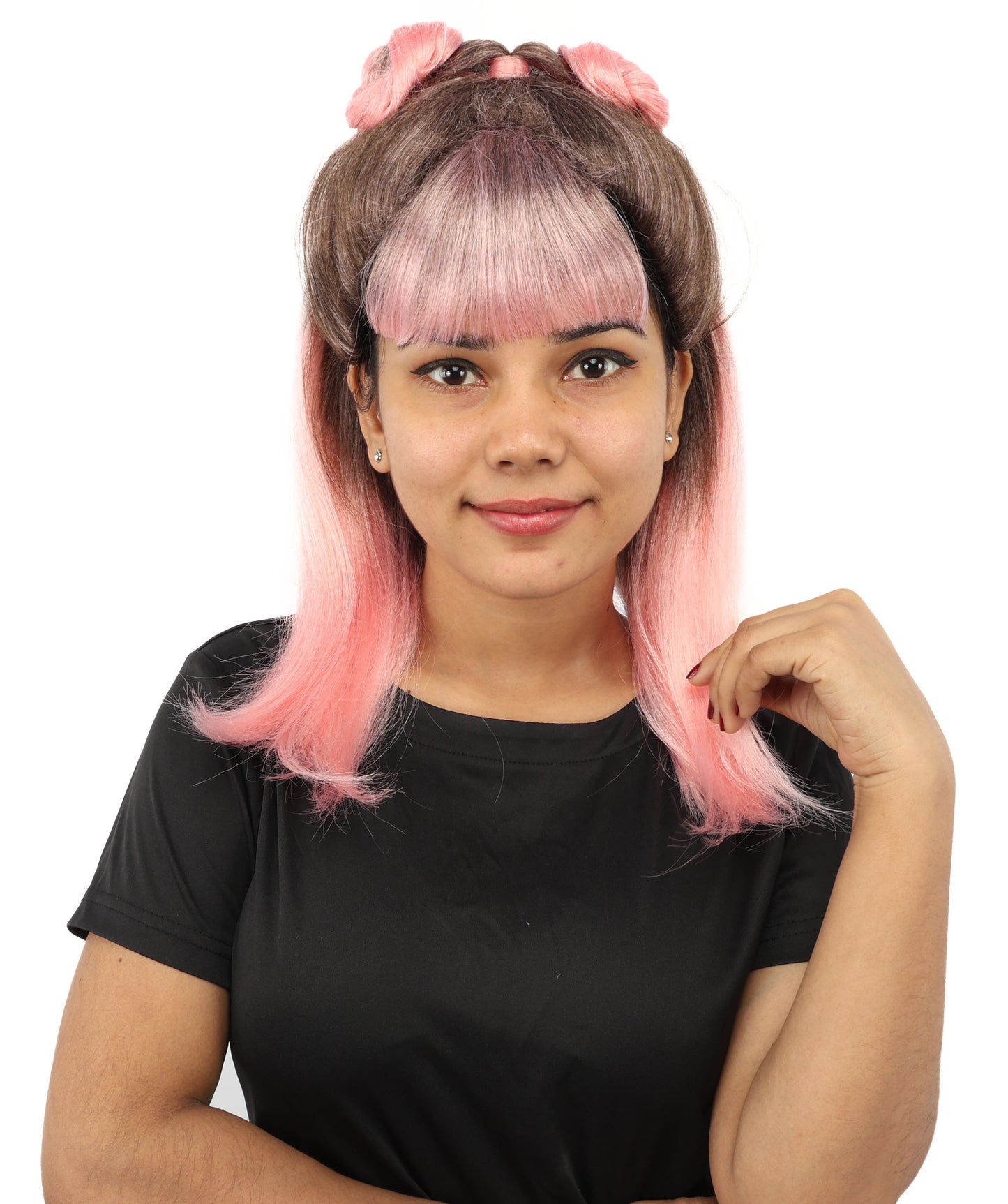 HPO Women's Brown & Pink Half Updo Bangs Wig | Create of synthetic fiber, blunt fringe with top bow, breathable base | Party, Halloween, theater, drag, performance, costume events