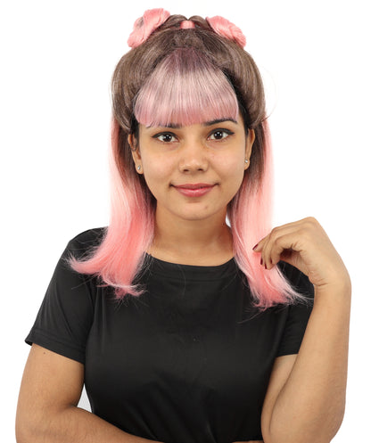 HPO Women's Brown & Pink Half Updo Bangs Wig | Create of synthetic fiber, blunt fringe with top bow, breathable base | Party, Halloween, theater, drag, performance, costume events