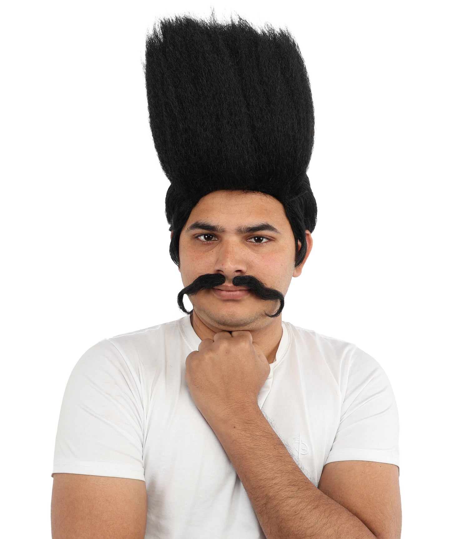 HPO Men's Tall Flat Top Wig and Mustache | Vertical Dark Pompadour with Long Handlebar Facial Hair, Synthetic Fiber & Breathable Net | Halloween, Carnival, Stage Performance & Roleplay