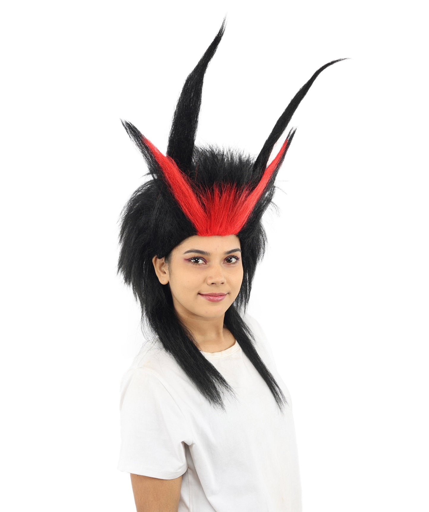 Adult Women’s Black Spiked Horn Wig | Fantasy Hair with Red Accents | Ideal for Gothic Cosplay and Halloween Events