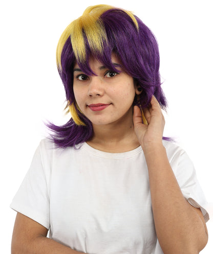 HPO Women’s Layered Purple & Yellow Spiky Anime Wig – 17 Inch Two-Tone Synthetic Hair with Capless Cap Design | Ideal for Roleplay, Cosplay Events & Themed Parties