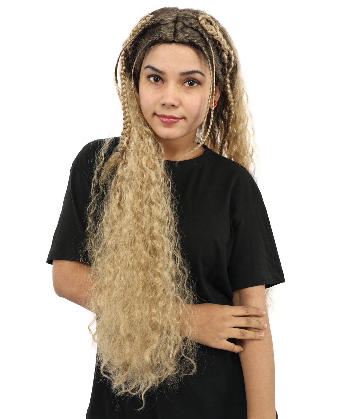 HPO Women's Extra Long Dark Brown & Ash Blonde Mixed Wig with Micro Braids | Loose Wavy Synthetic Hairpiece for Cosplay, Festivals, Stage Shows &  Parties