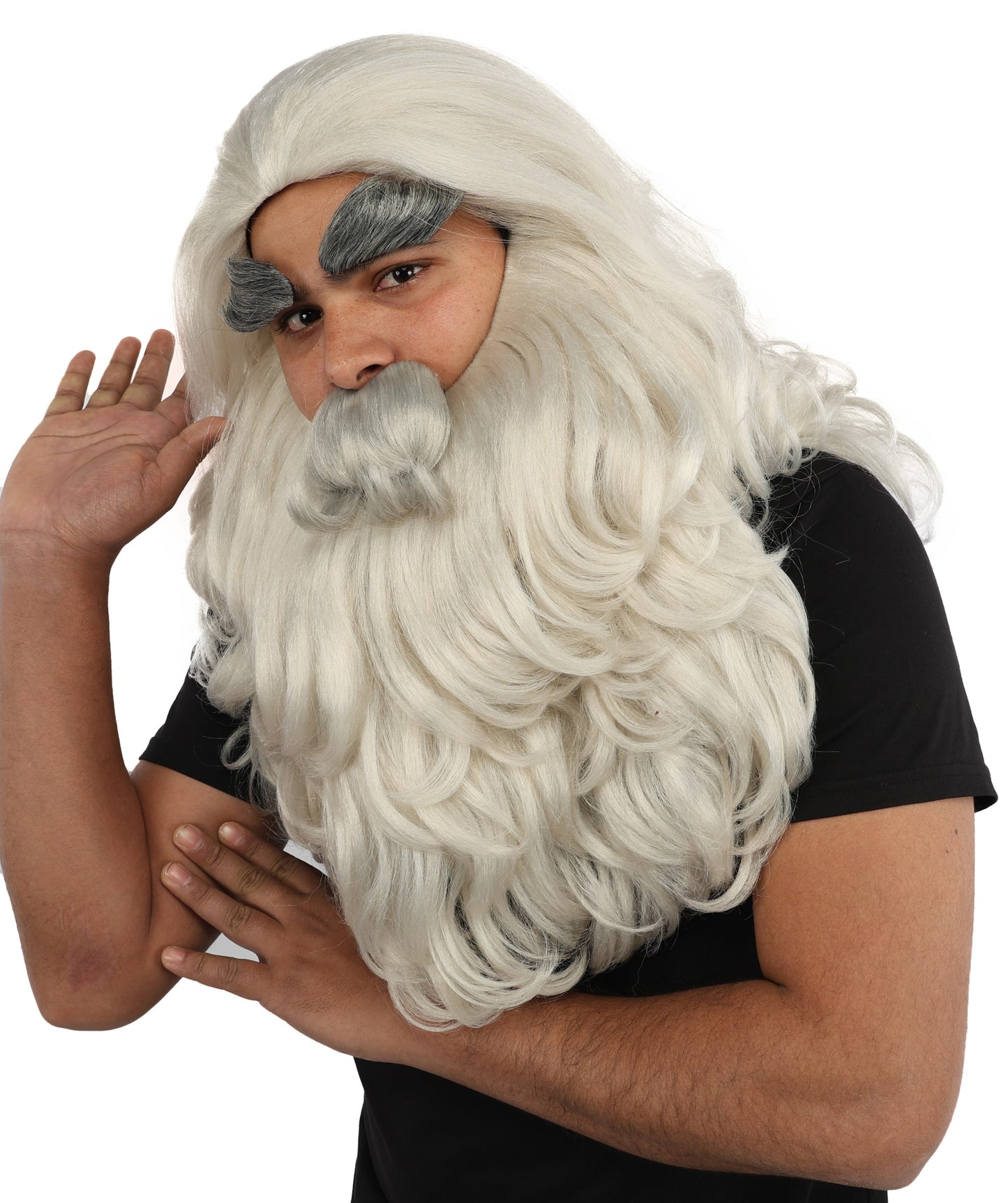 HPO Men's Long Prophet Grey Wig Mustache Beard & Eyebrow Set | Flame-Retardant Synthetic Fiber With Capless Cap | Ideal For Theater, Halloween And Cosplay