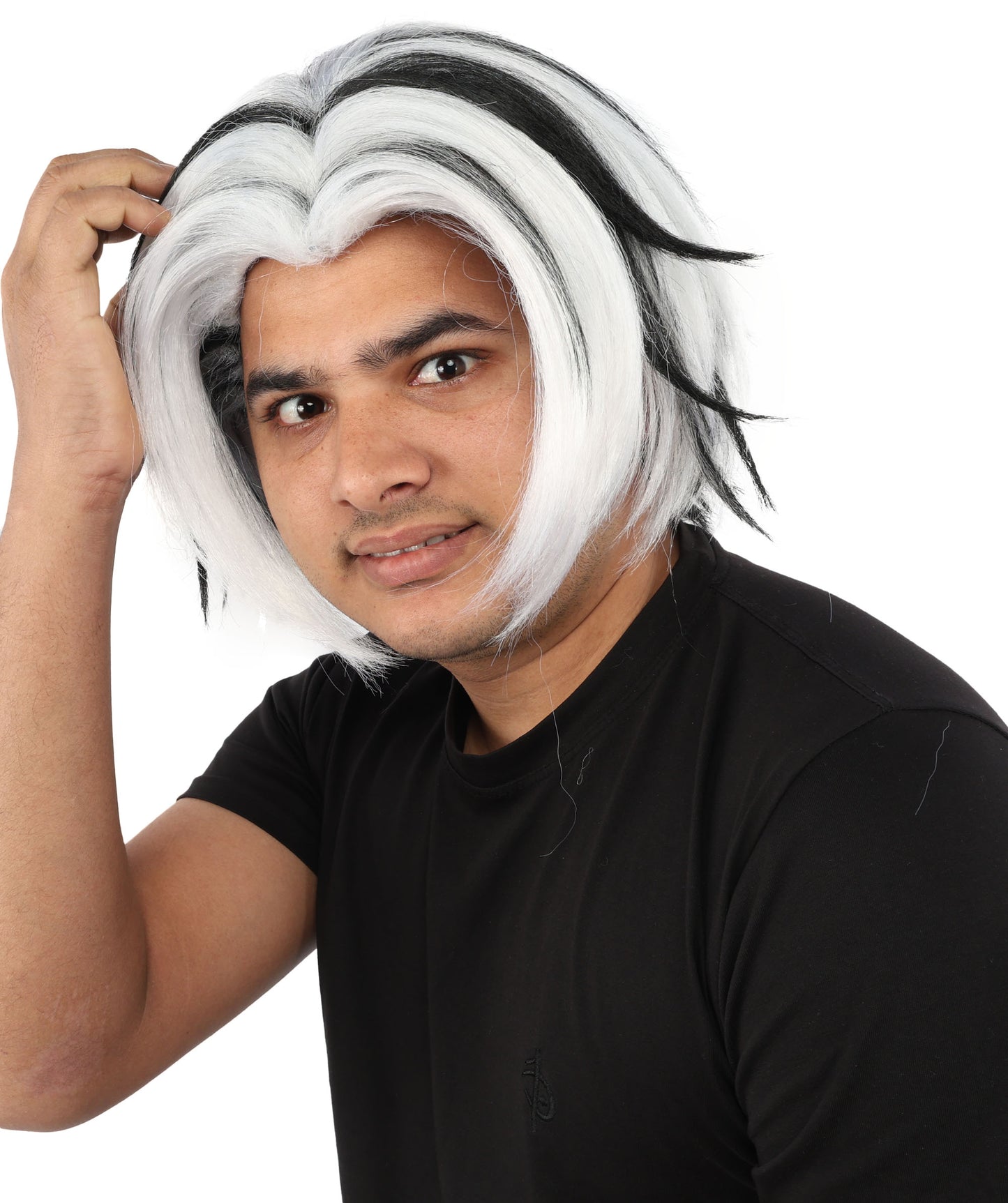 HPO Men's Two Tone Black & White Layered Anime Hair | Frosted Tips Messy Style, Natural Matte Finish, Adjustable Interior Net & Durable Strands | Carnival, Dress Up, Fantasy Conventions, Theater & Photo Shoots