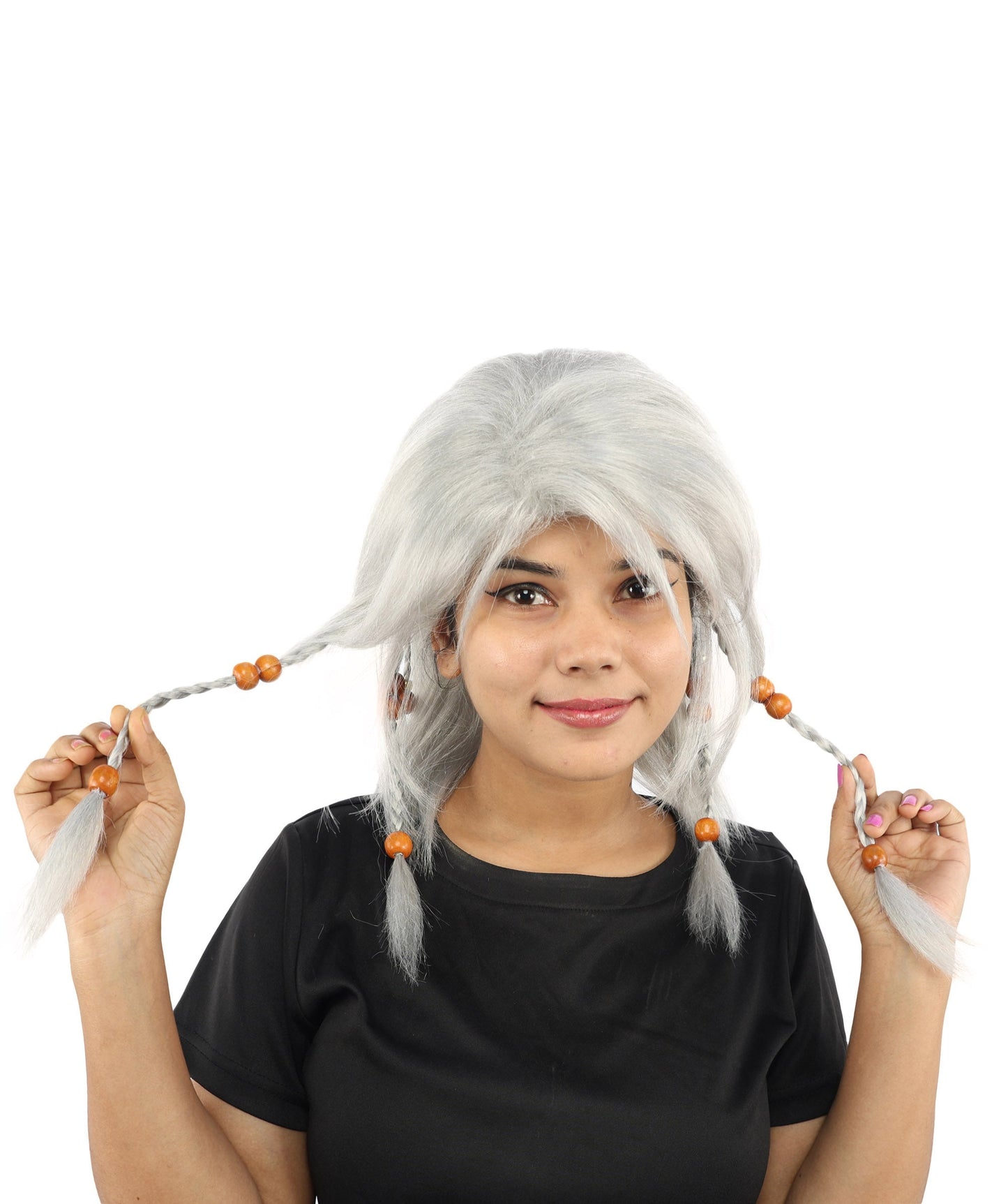 HPO Adult Women's Long Tribal Braided Wig | Multiple Color Options | Dark Shaggy Bob with Beaded Strands, Synthetic Fiber & Breathable Cap | Halloween, Sci-Fi Roleplay, Fantasy Costume
