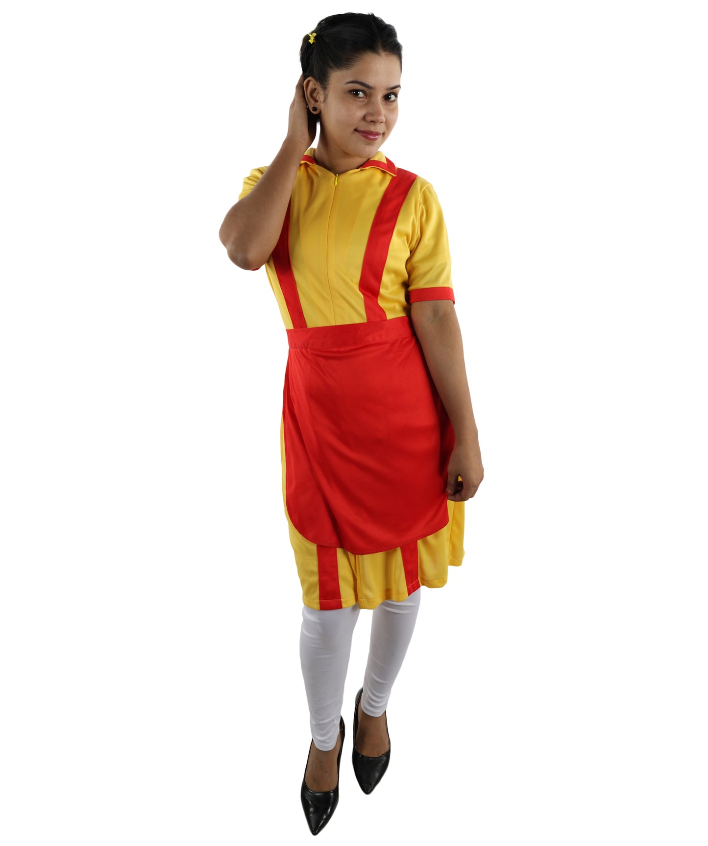 HPO Women’s Red & Yellow Waitress Costume – Stylish Scarf Dress with Collar Detail | Party & Cosplay Uniform Adults Outfit