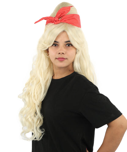 HPO Women’s Retro Beehive Wig with Red Bow | Multicolor Options | Extra Long Wavy Fancy Dress Accessory | Fancy Dress Accessory | Celebrity-Inspired Hair for Halloween, Cosplay & Music Tribute Parties