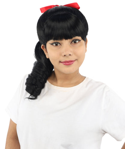 HPO Women's Spiral Ponytail Wig | Multicolor Options | High Updo with Red Ribbon Bow & Bangs, Heat Friendly Synthetic Fiber & Breathable Cap | Halloween, Christmas Event, Themed Party, Theater & Roleplay