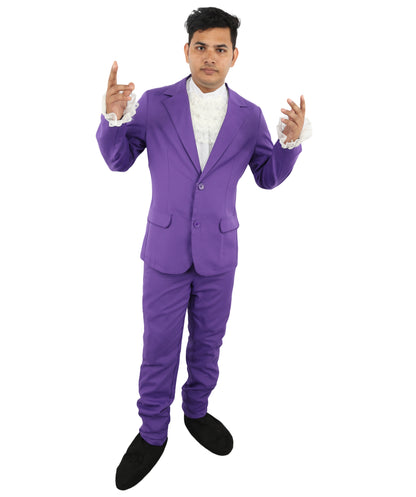HPO Men’s Austin Powers Costume | Purple Jacket & Trousers with White Cravat | Cosplay, Halloween, Stage, Party & Roleplay Outfit