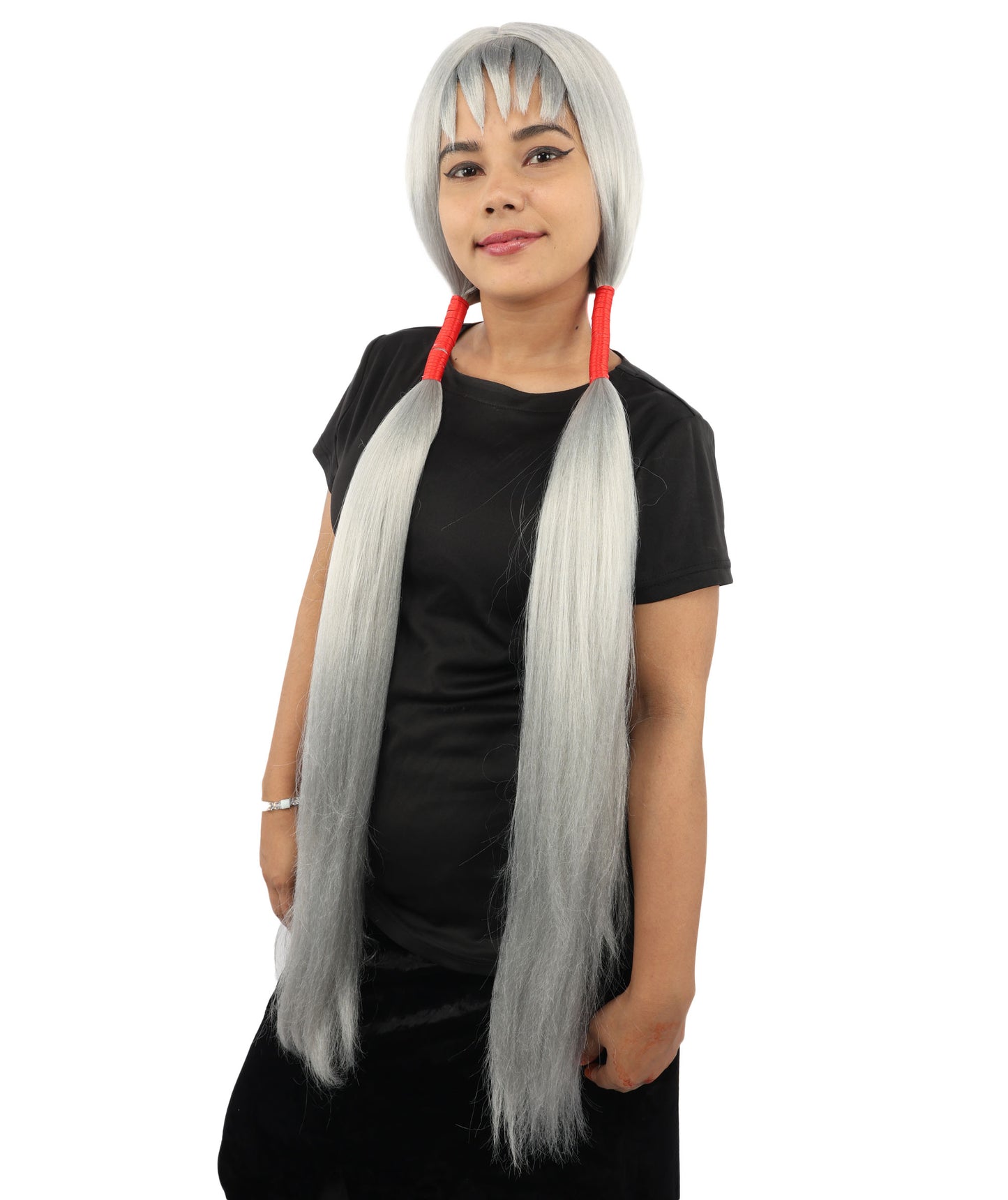 HPO Women's Extra Long Pigtail Wig | Multicolor Options | Floor Length Straight Twin Tails with Bangs, Heat Friendly Synthetic Fiber & Adjustable Cap | Halloween, Fairy Roleplay, Magical Girl Theme, Theater & Carnival