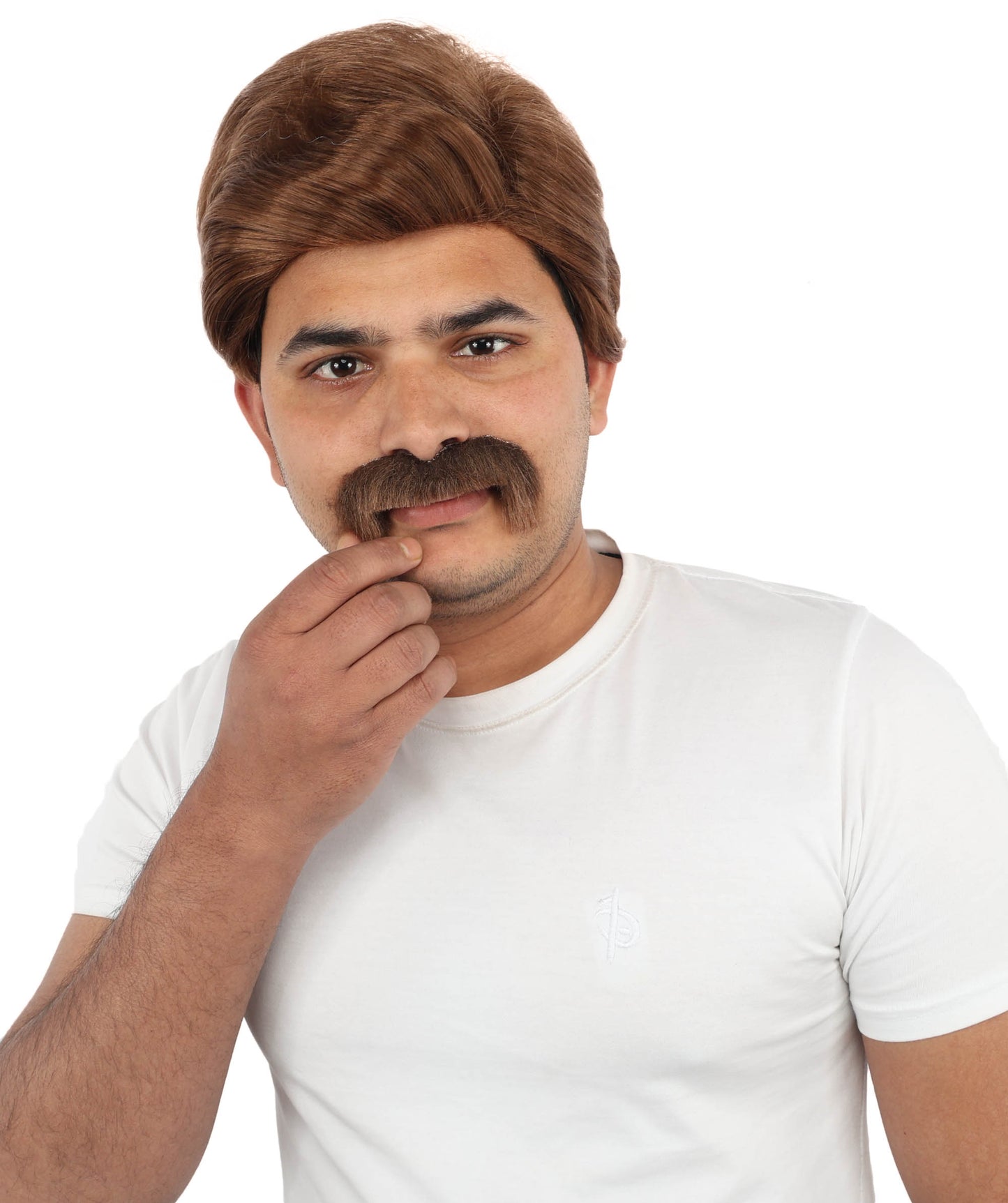 HPO Men’s Chestnut Brown Blend Wig with Mustache Set | Retro Gentleman Hair Style | Cosplay Outfit for Costume Parties, Stage Performances & Themed Events
