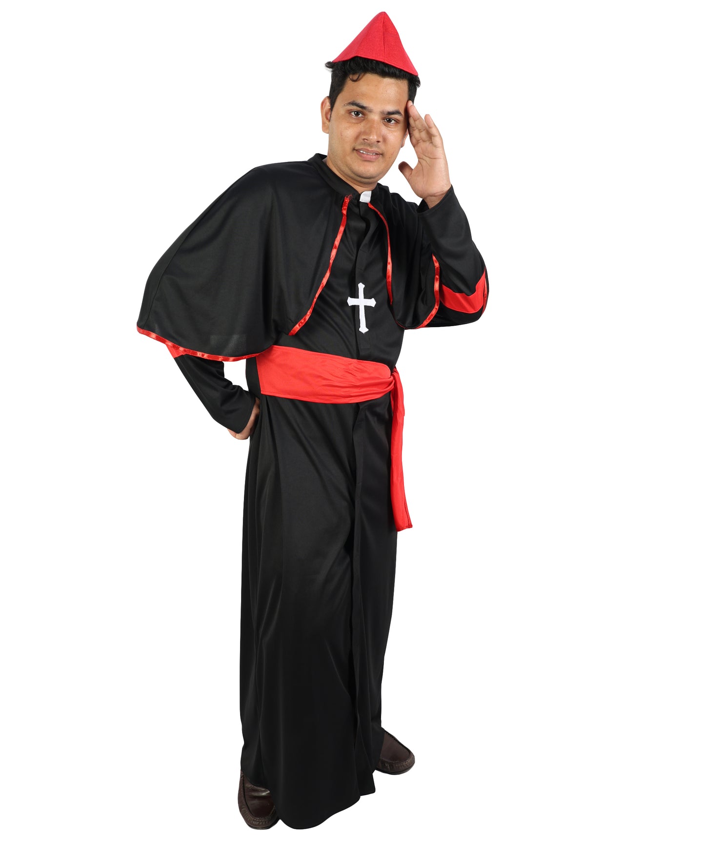 HPO  Men's Clergy Bishop Costume | Traditional Black Cassock Red Robe Sholder Cape Magenta Satin Waist Sash Matching Zucchetto Cap | Halloween Cosplay Theater Drag Performance Costume Events