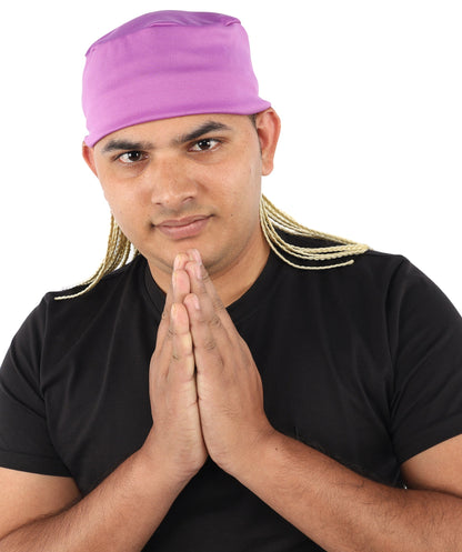 Men’s Movie Character Inspired Black Braided Wig with Purple Head Wrap Hat | Flame-retardant Synthetic Fiber | Ideal Hairpiece for Cosplay & Halloween