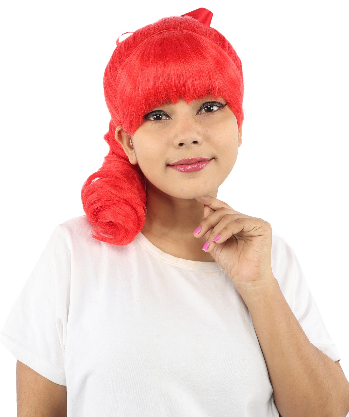HPO Women's Spiral Ponytail Wig | Multicolor Options | High Updo with Red Ribbon Bow & Bangs, Heat Friendly Synthetic Fiber & Breathable Cap | Halloween, Christmas Event, Themed Party, Theater & Roleplay