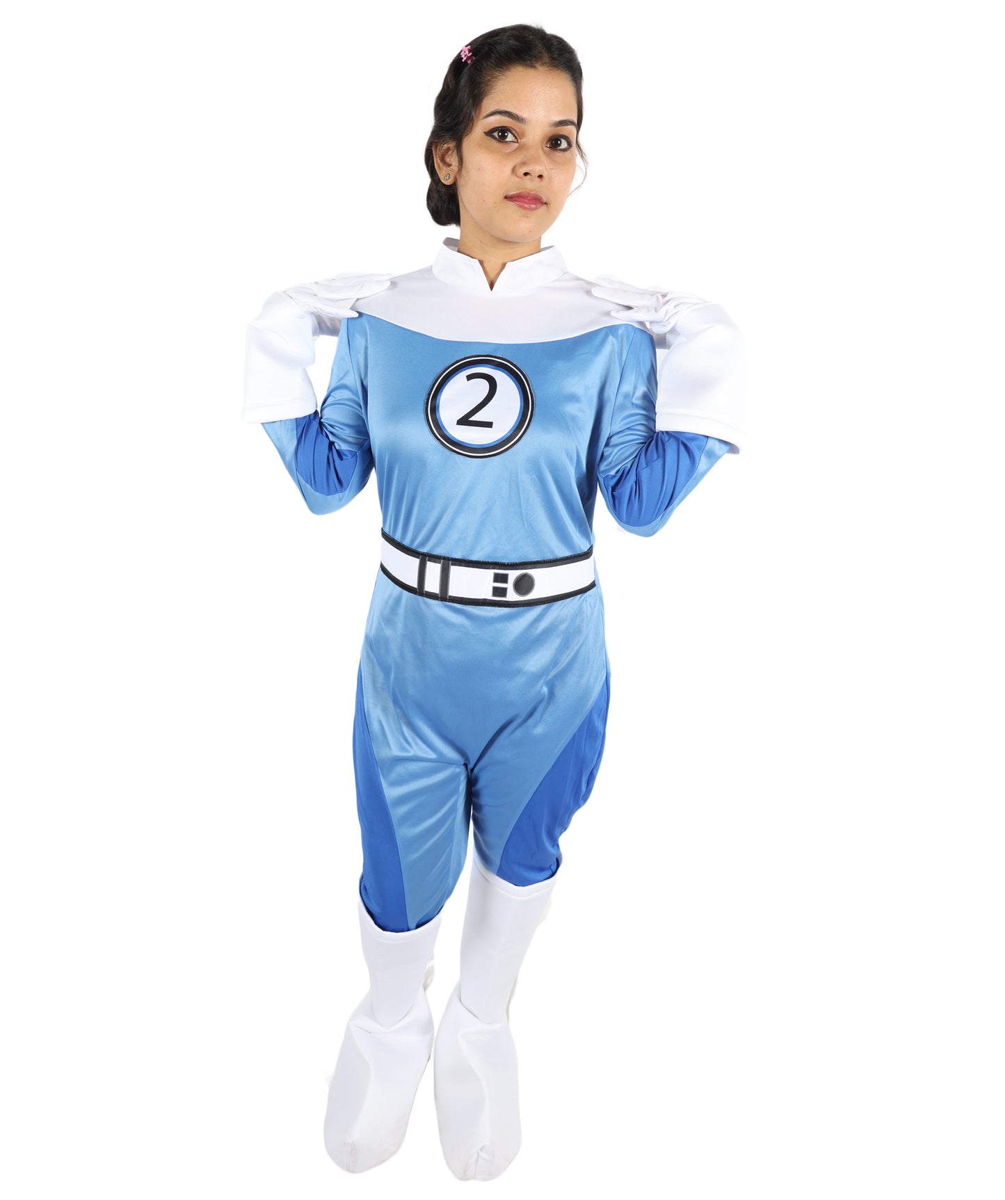 HPO Women’s Ultimate Sci-Fi Costume | 3-in-1 Jersey Dress with Hand Gloves | Blue & White Cosplay Outfit