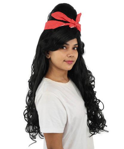 HPO Women’s Retro Beehive Wig with Red Bow | Multicolor Options | Extra Long Wavy Fancy Dress Accessory | Fancy Dress Accessory | Celebrity-Inspired Hair for Halloween, Cosplay & Music Tribute Parties
