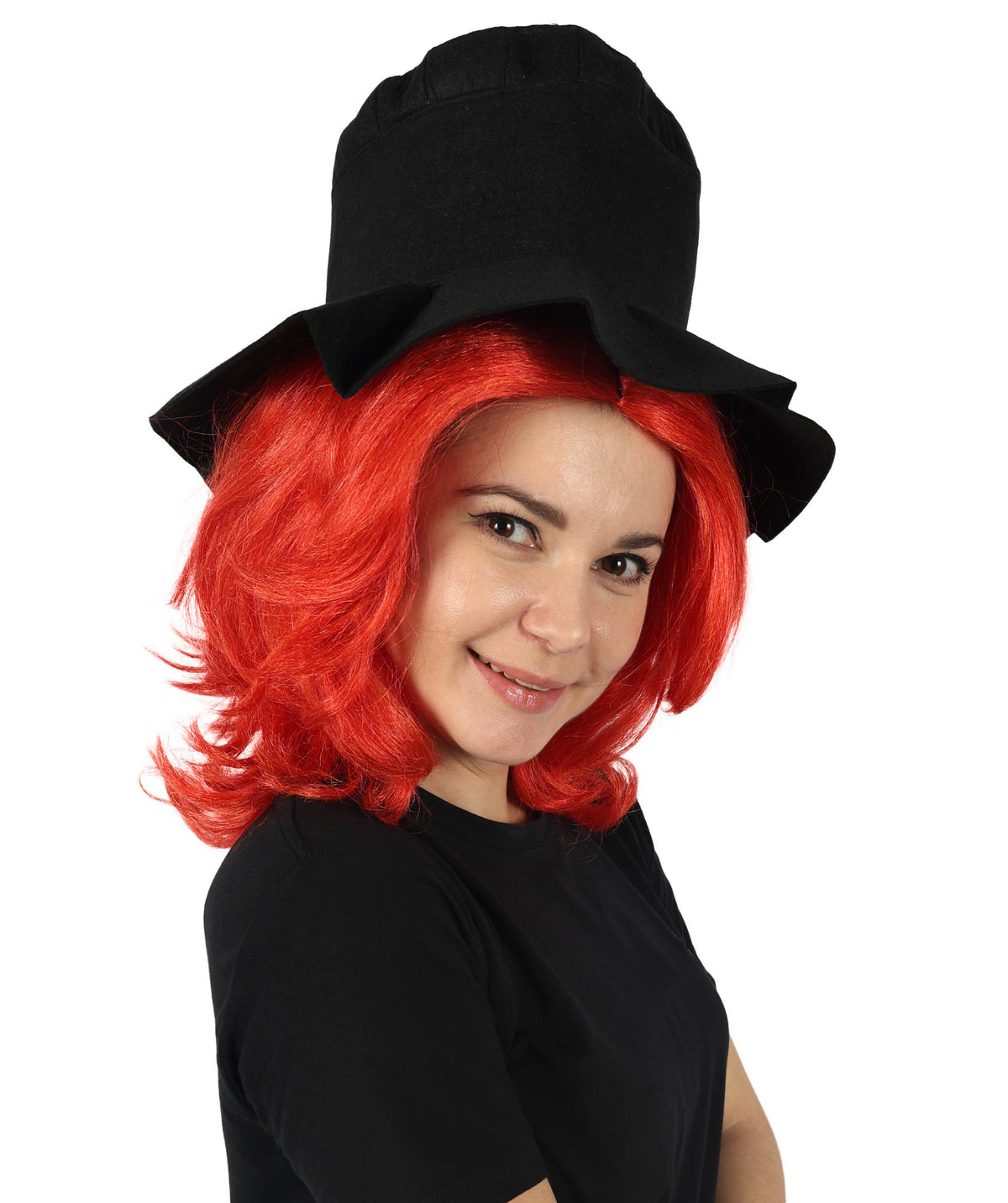 HPO Women's Elegant Gothic Orange Wig and Black Hat–Dark Chic Hairpiece Inspired by Modern Quirk, Premium Breathable Capless Cap