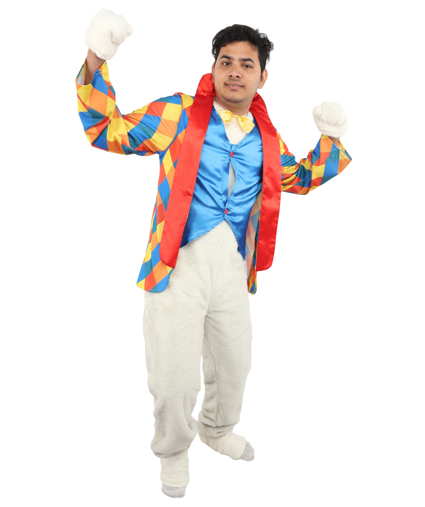 HPO Men's Festive Rabbit Mascot Ensemble | Multi-Color Diamond Pattern with Satin Vest and Faux Fur Accents | Ideal for Cosplay, Halloween, Drag, and Holiday Performance Events