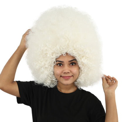 HPO Women's Giant White Glitter Afro Wig | Massive Puffy Sparkle Hair with Silver Sheen, Synthetic Fiber & Breathable Cap | Halloween, Troll Roleplay, 70s Disco Party, Theater & Funny Costume