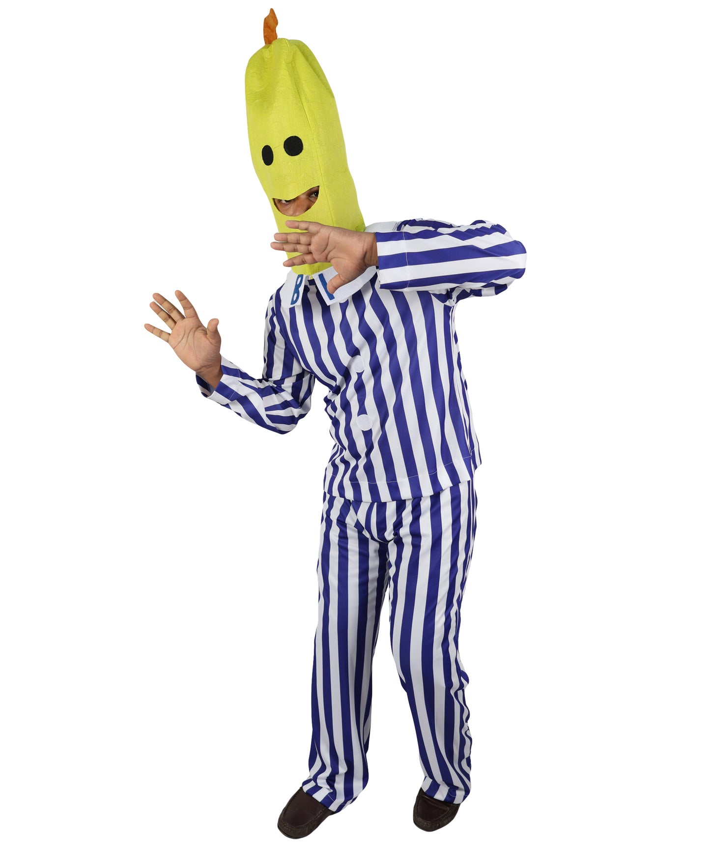 HPO Women's Banana in Pajamas Costume | Classic Blue and White Striped Sleepwear Top and Pants Set Novelty Fruit Character Yellow Mask | Halloween Cosplay Theater Drag Performance Costume Events