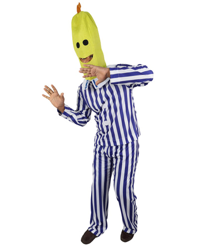 HPO Women's Banana in Pajamas Costume | Classic Blue and White Striped Sleepwear Top and Pants Set Novelty Fruit Character Yellow Mask | Halloween Cosplay Theater Drag Performance Costume Events