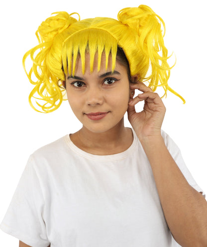 HPO Adult Women’s Messy Twin Bun Wig with Graphic Bangs | Multiple Color Options | Edgy Wig for Cosplay, Fashion Events, Halloween & Stage Wear | Adjustable Cap, Lightweight Synthetic Fiber