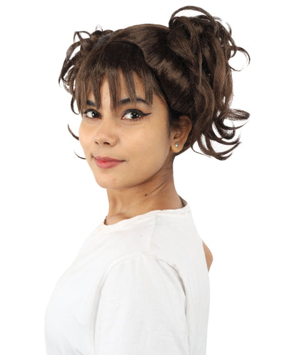 HPO Adult Women’s Messy Twin Bun Wig with Graphic Bangs | Multiple Color Options | Edgy Wig for Cosplay, Fashion Events, Halloween & Stage Wear | Adjustable Cap, Lightweight Synthetic Fiber