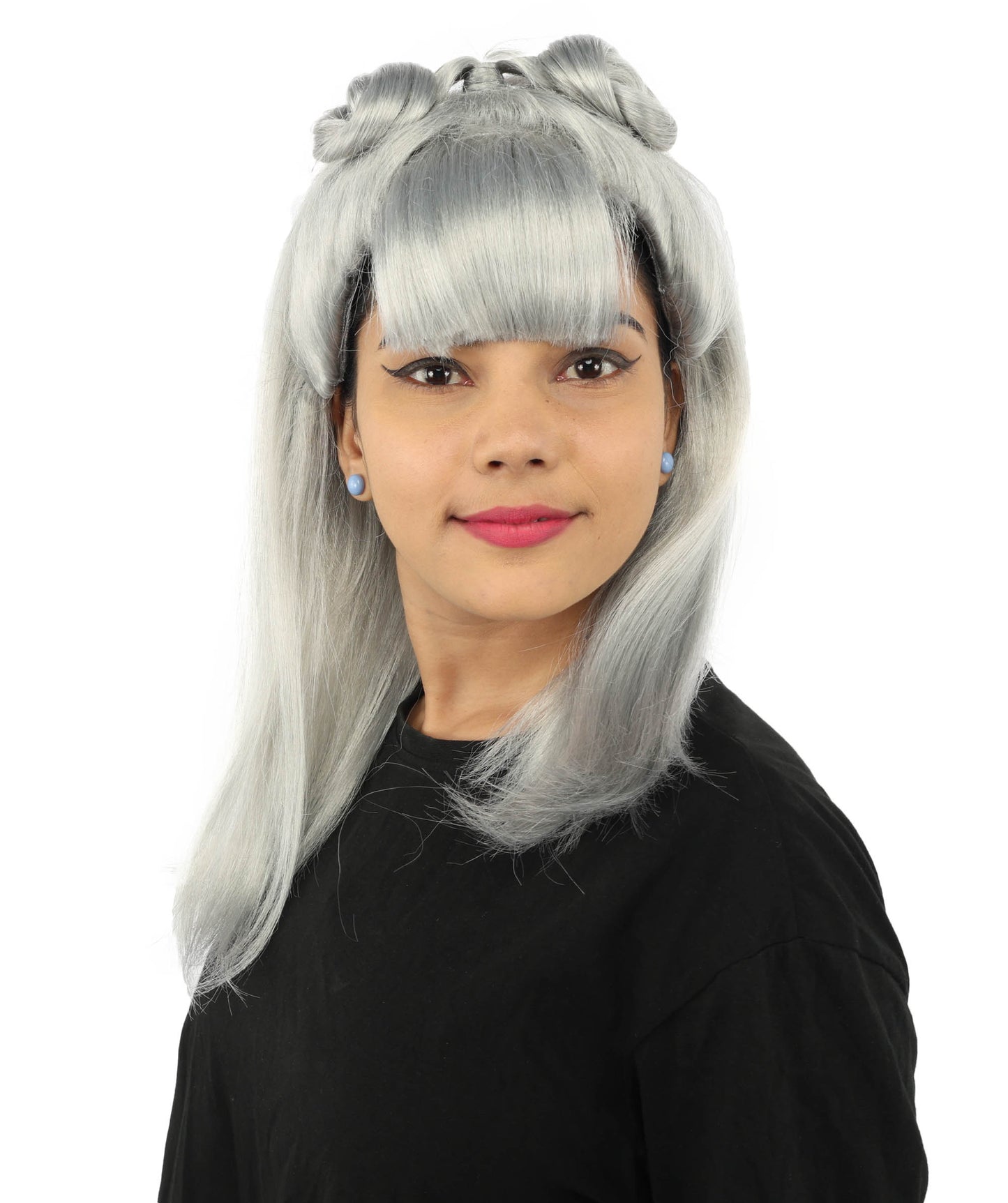 HPO Women's Brown & Pink Half Updo Bangs Wig | Create of synthetic fiber, blunt fringe with top bow, breathable base | Party, Halloween, theater, drag, performance, costume events