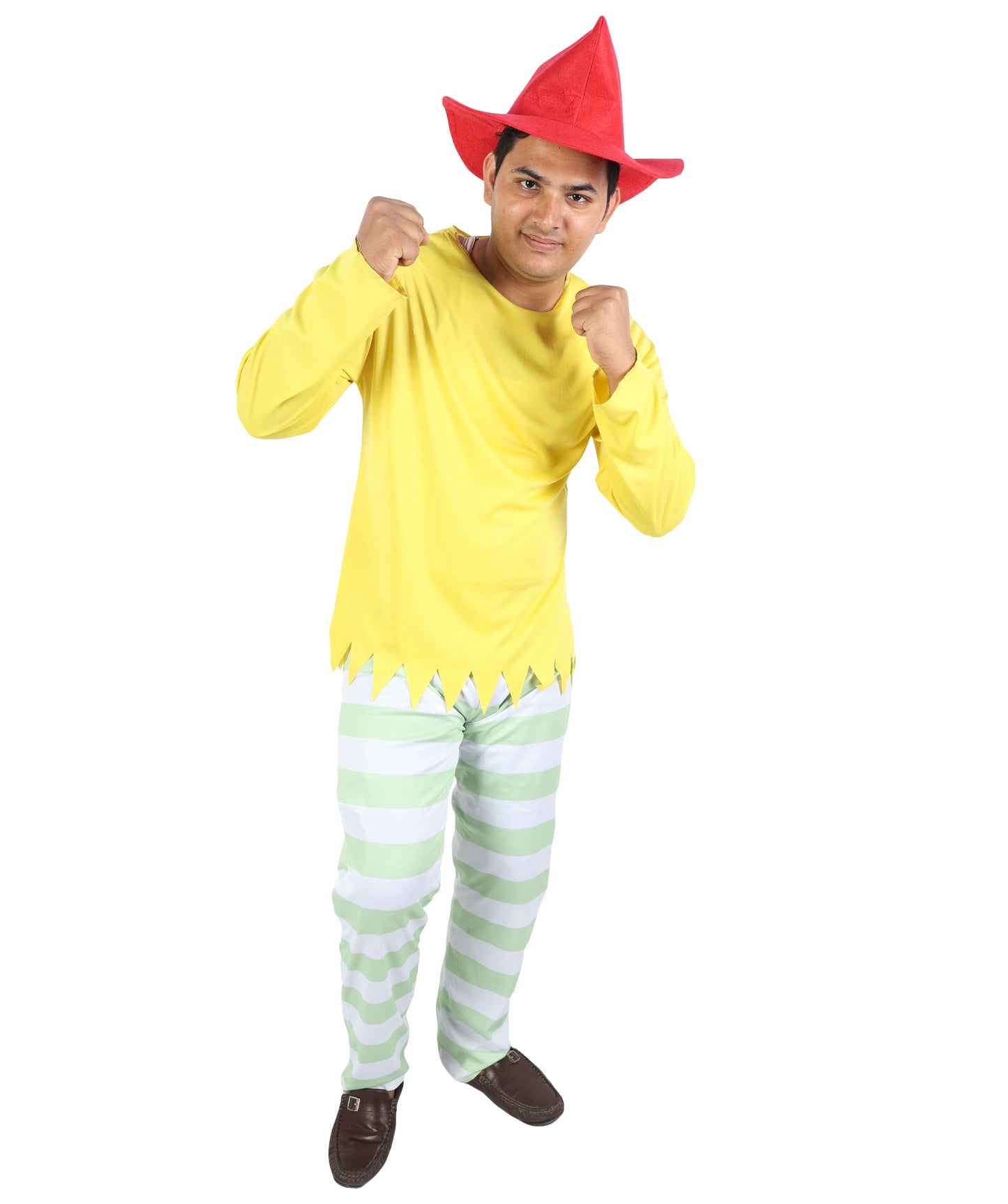 Whimsical Multicolor Character Costume | Men’s Striped Top, Hat & Pants Set | Playful Outfit for Halloween, Cosplay, Parties & Roleplay