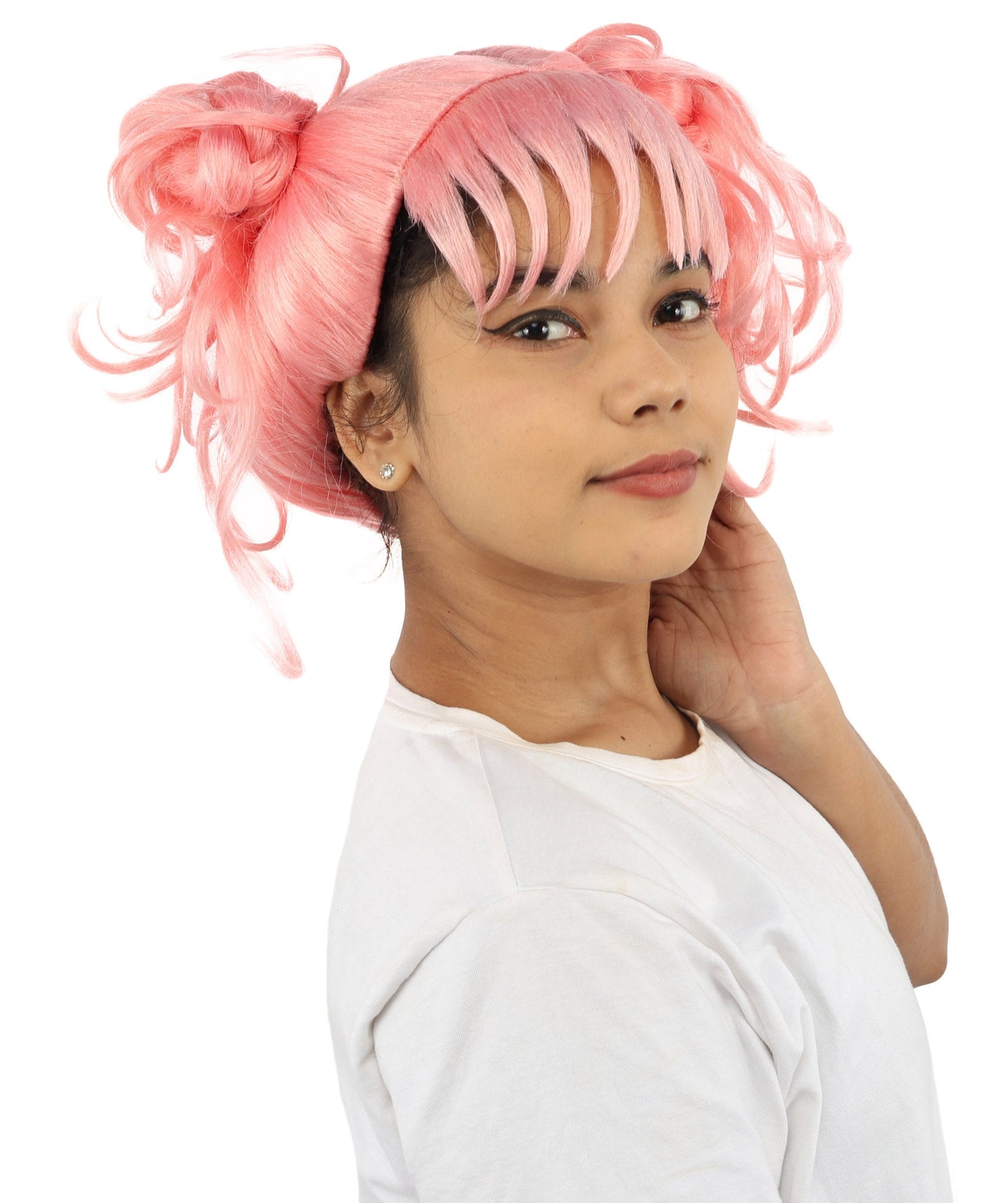 HPO Adult Women’s Messy Twin Bun Wig with Graphic Bangs | Multiple Color Options | Edgy Wig for Cosplay, Fashion Events, Halloween & Stage Wear | Adjustable Cap, Lightweight Synthetic Fiber