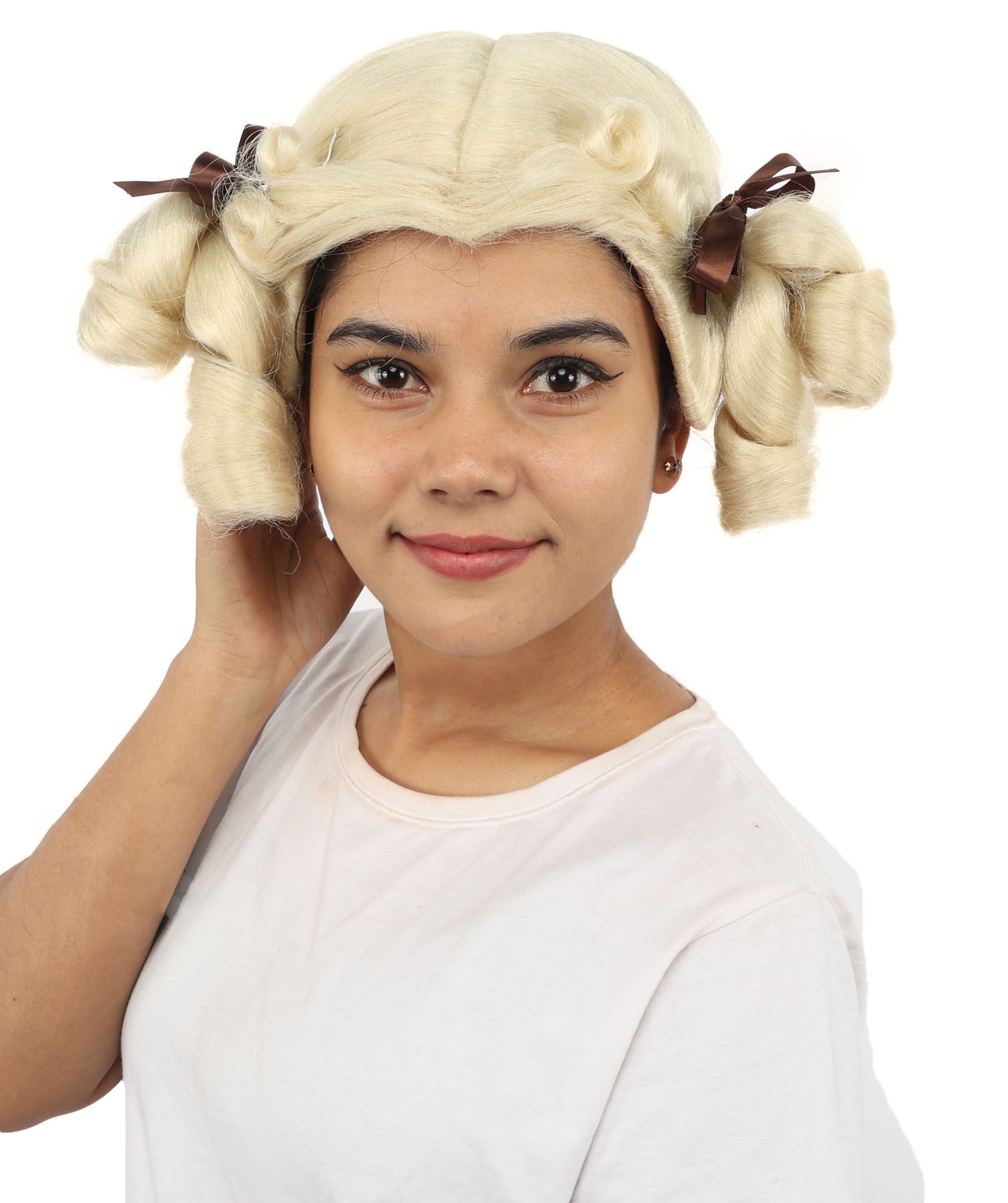 HPO Women's Golden White Mixed Curly Pigtail Wig | Messy Ringlet Twin Tails with Attached Fabric Ribbons, Synthetic Fiber & Breathable Cap | Halloween, Movie Character Roleplay, Costume Party & Theater