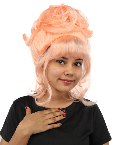 HPO Women's Elegant Updo Tendril Pink Wig | Pastel peach hue, create of synthetic fiber, high teased volume with face-framing strands, breathable capless cap | Party, Halloween, theater, drag, performance, costume events