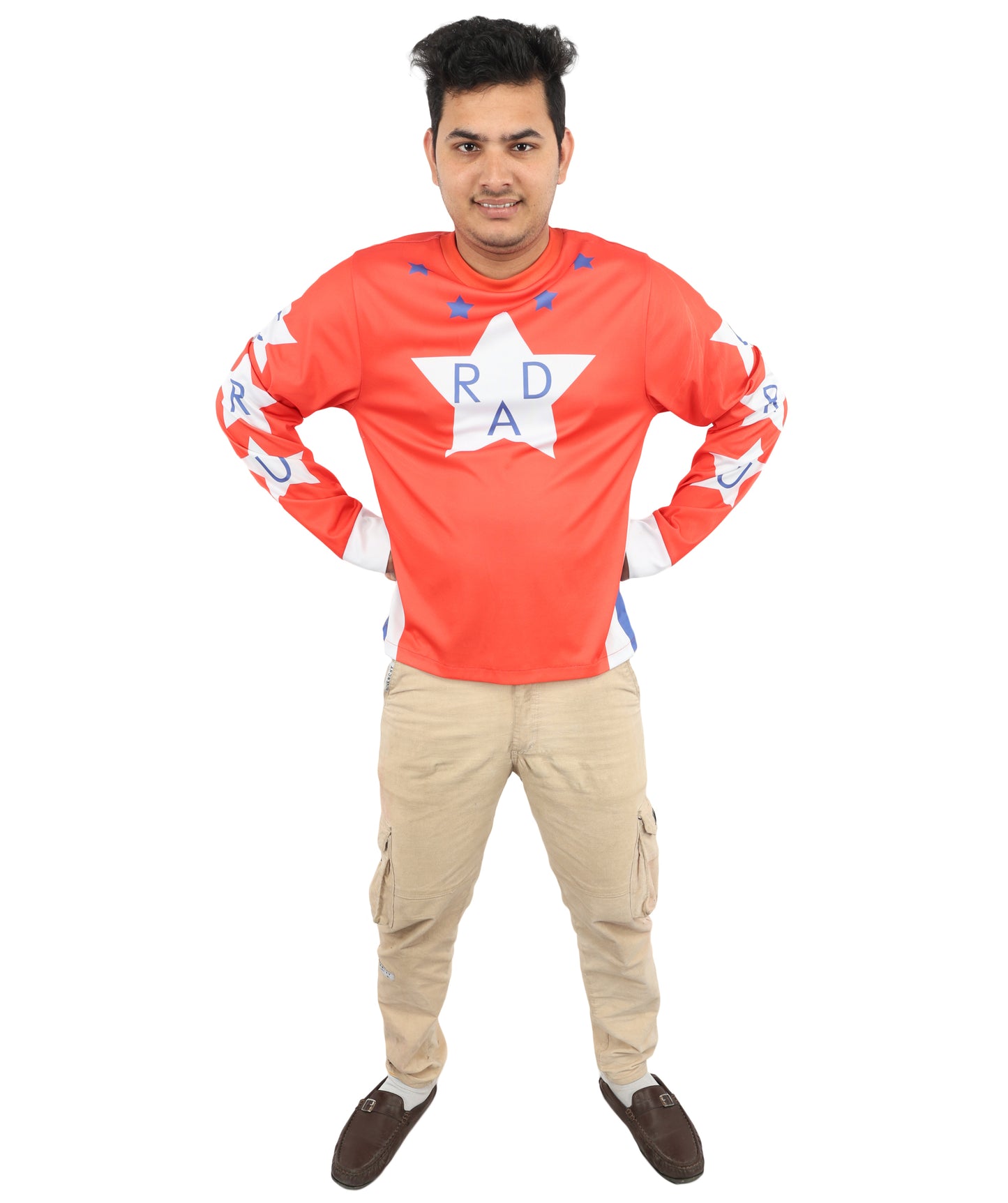 HPO Men's Vintage Stunt Biker Red Costume | Long Sleeve Jersey Knit with Bold Chest Logo | Versatile for Costume Parties, Stage Shows, and Retro Sports Themed Events