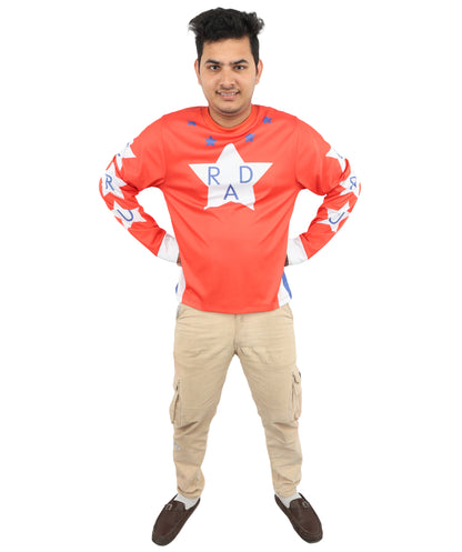 HPO Men's Vintage Stunt Biker Red Costume | Long Sleeve Jersey Knit with Bold Chest Logo | Versatile for Costume Parties, Stage Shows, and Retro Sports Themed Events