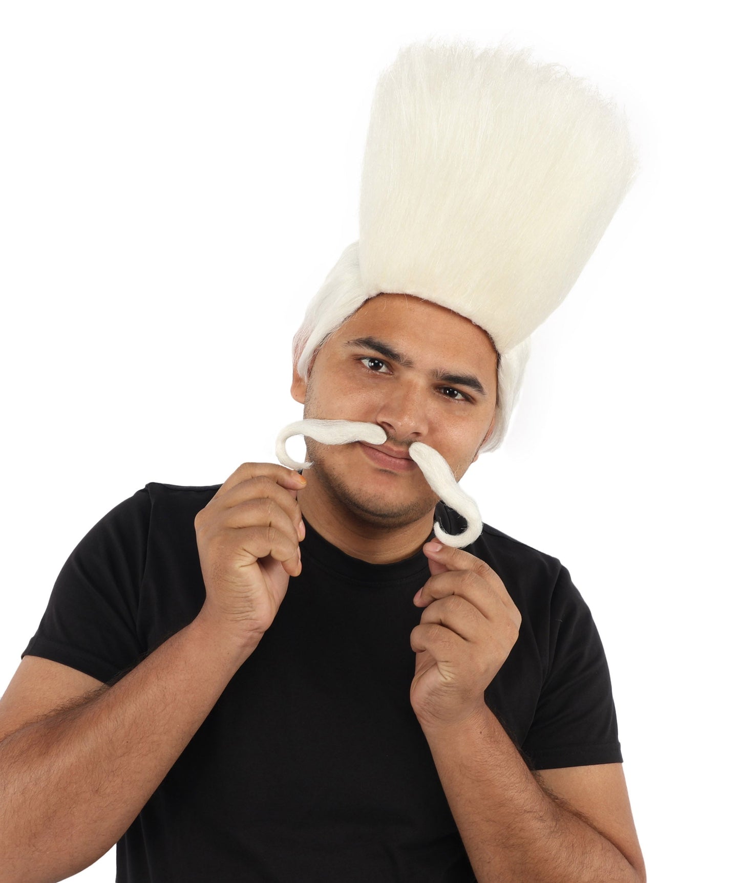 HPO Adult Men's Tall Flat Top Wig and Mustache | Vertical Dark Pompadour with Long Handlebar Facial Hair, Synthetic Fiber & Breathable Net | Halloween, Carnival, Stage Performance & Roleplay