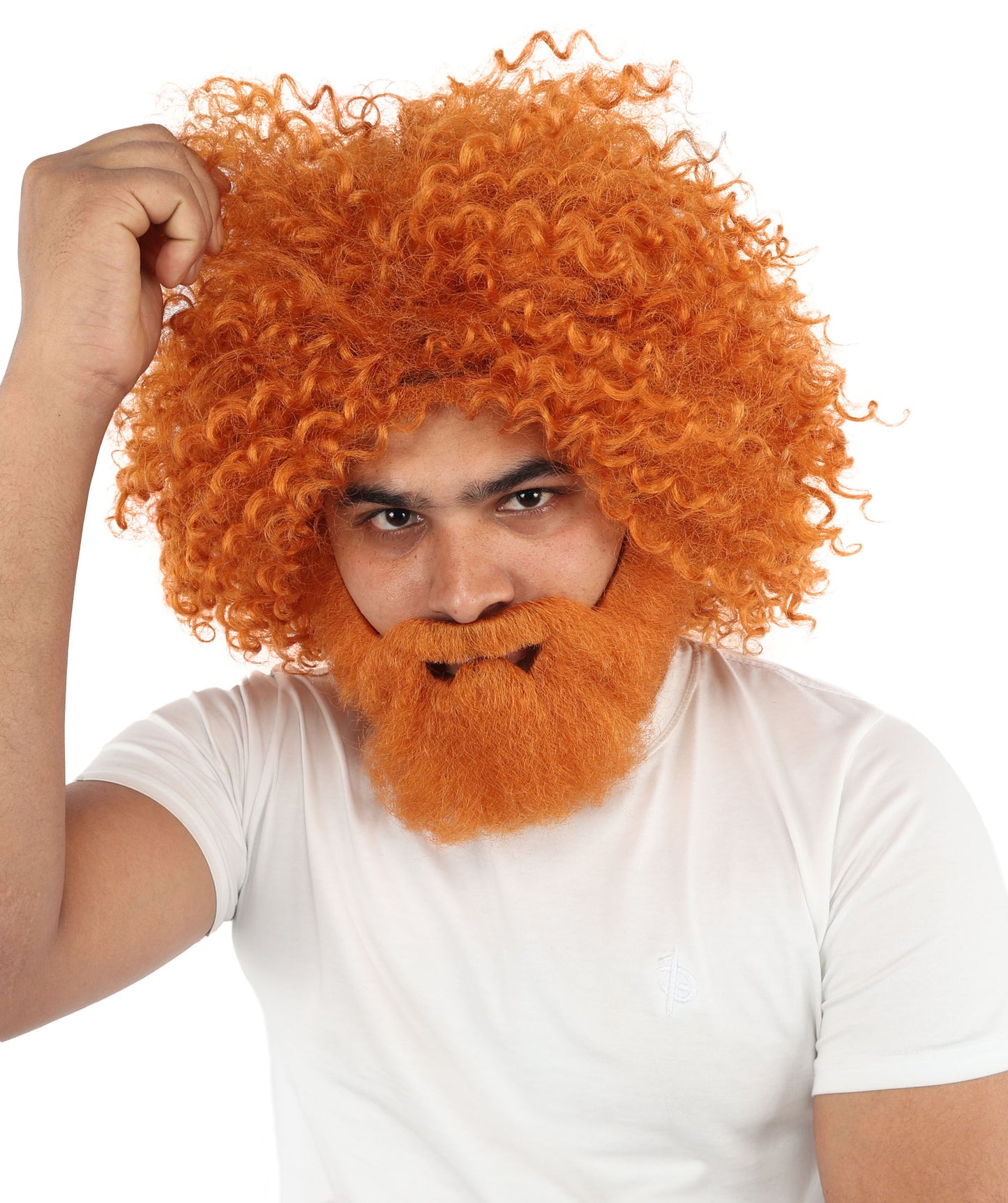 HPO Men's Wild Caveman Orange Wig Beard & Mustache Set | Massive Frizzy Orange Afro and Full Beard Set with Messy Texture | Prehistoric Costume, Viking Cosplay, Halloween, and Funny Party Props