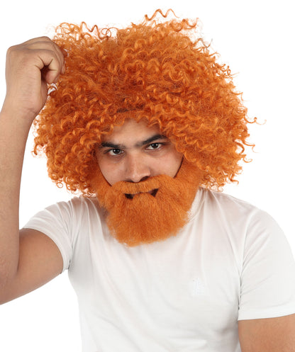 HPO Men's Wild Caveman Orange Wig Beard & Mustache Set | Massive Frizzy Orange Afro and Full Beard Set with Messy Texture | Prehistoric Costume, Viking Cosplay, Halloween, and Funny Party Props