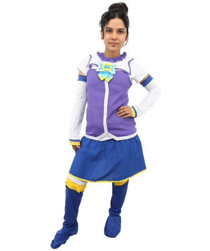 HPO Japanese Anime Fantasy Outfit | Vibrant Purple and Blue Ronior Jersey with Dress, Leg Socks, Bow, and Hand Gloves | Ideal for Cosplay, Halloween, and Performance
