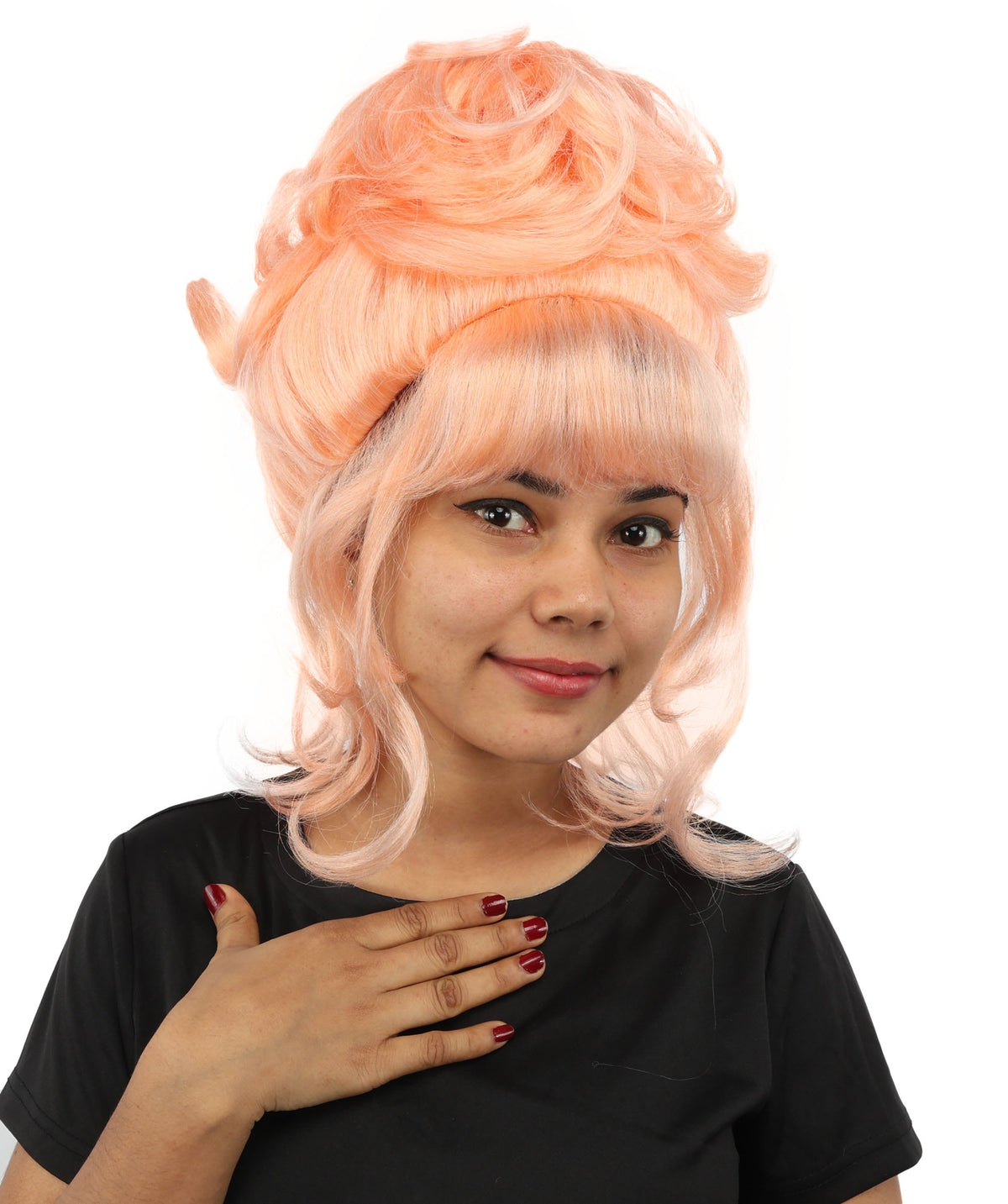 HPO Adult Women's Elegant Updo Tendril Wig | Multiple Color Options | Pastel peach hue, create of synthetic fiber, high teased volume with face-framing strands, breathable capless cap | Party, Halloween, theater, drag, performance, costume events