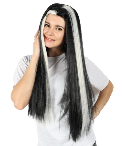 Women’s Extra Long Straight Black and White Widow’s Peak Wig with Center Part | High-Volume Hairpiece for Halloween, Cosplay & Gothic Character Looks
