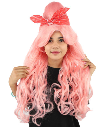 HPO Women’s Retro Beehive Wig with Red Bow | Multicolor Options | Extra Long Wavy Fancy Dress Accessory | Fancy Dress Accessory | Celebrity-Inspired Hair for Halloween, Cosplay & Music Tribute Parties