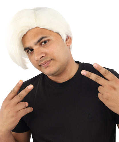 HPO Adult Men's Short Black Side Swept Wig | Thick Layered Bangs with Natural Texture,  Adjustable Cap | Halloween, Themed Party, Stage Performance & Roleplay