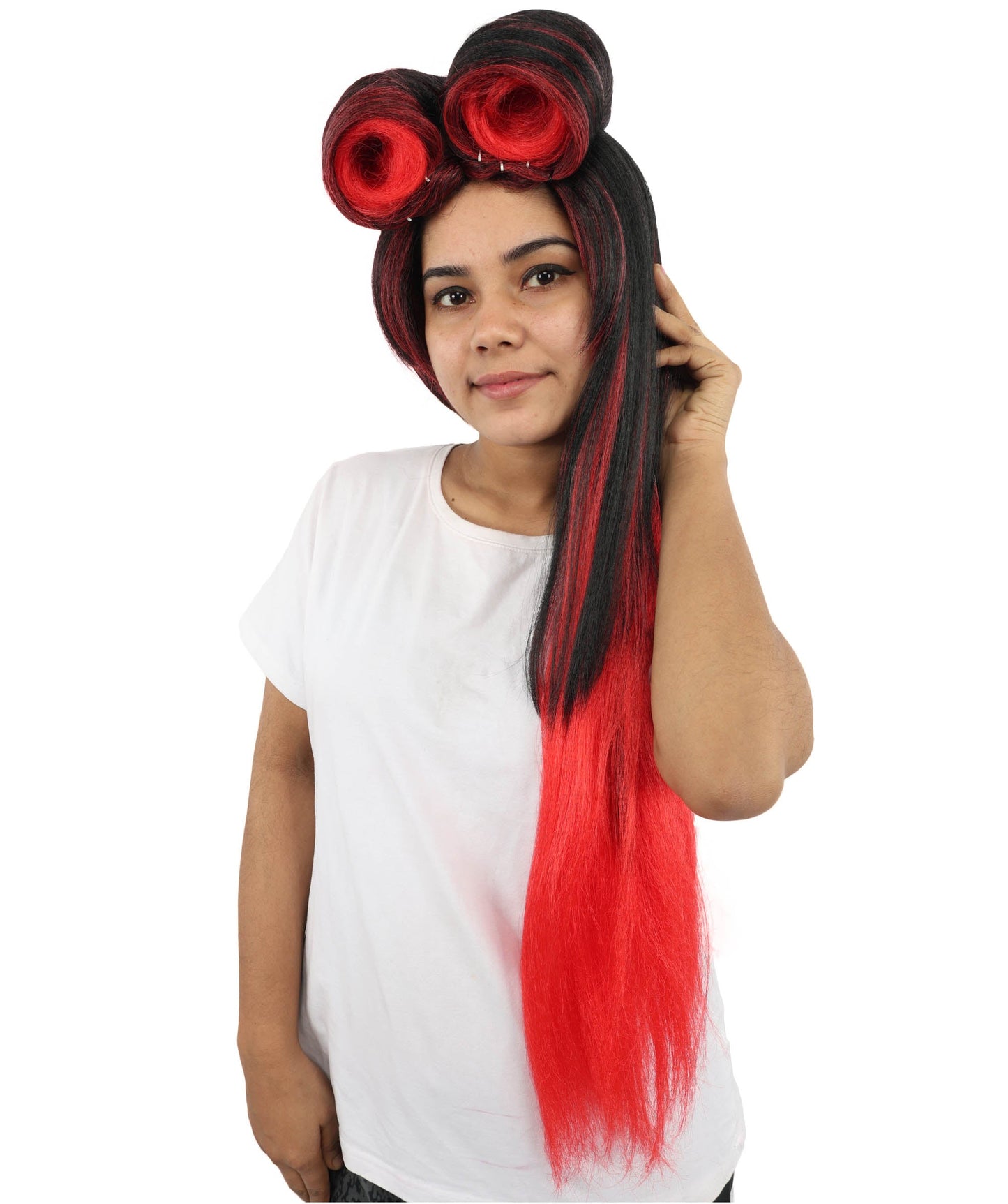 Women’s Straight Black Red Roller-Top Retro Wig | 60s Style Center Part Long Hair | Bold Fancy Dress Party Wig for Fashion, Halloween and Cosplay